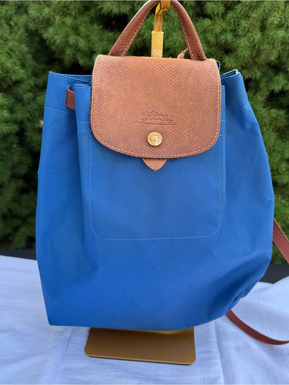 Longchamp Blue Nylon Backpack with Brown Leather Flap